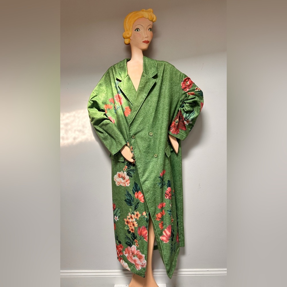 Vtg Green Flowered Flannel Hostess Gown Robe Coat~XL